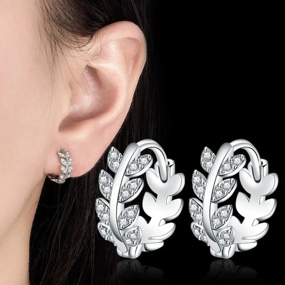 925 Sterling Silver Diamond Leaf Huggie Earrings Small Silver Hoop Earrings - Picture 1 of 3